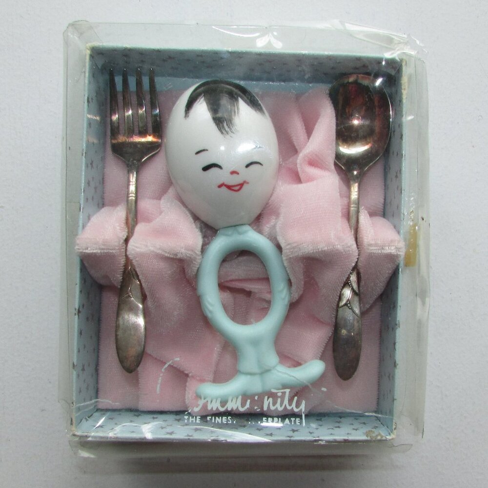 Vintage Baby Spoon Fork and Rattle Gift Set - Silver Plated